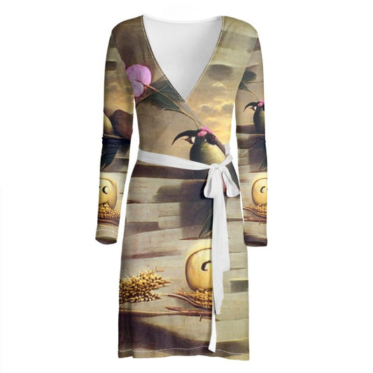 Coercive - Beige & Yellow Above Knee Wraparound Dress, V-Neck Long Sleeves, Wrap Dress