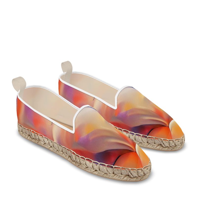 Comfortable - Orange Toned Leather, Printed Fabric Or Jute Innersole, Flat Shoe, Rubberised Hard Wearing Sole, Loafer Espadrilles