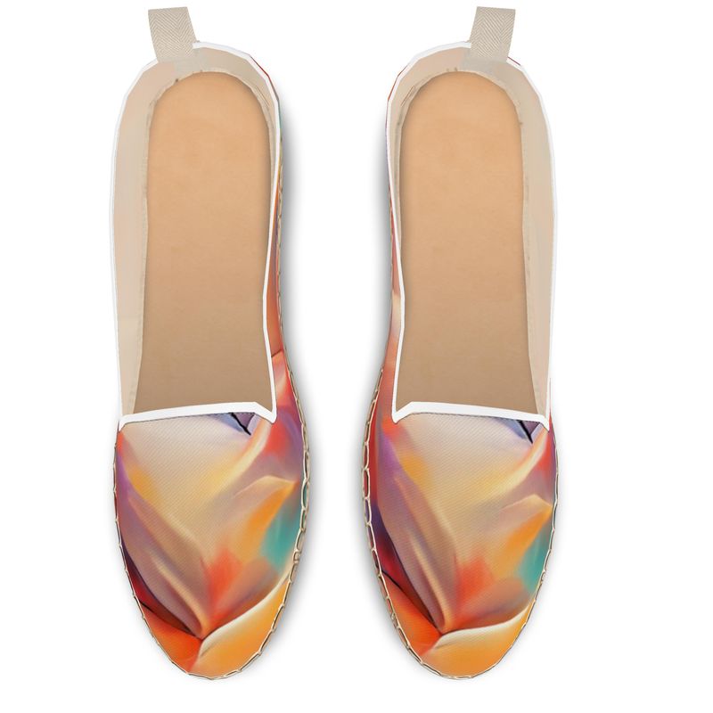 Comfortable - Orange Toned Leather, Printed Fabric Or Jute Innersole, Flat Shoe, Rubberised Hard Wearing Sole, Loafer Espadrilles