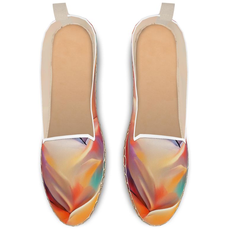 Comfortable - Orange Toned Leather, Printed Fabric Or Jute Innersole, Flat Shoe, Rubberised Hard Wearing Sole, Loafer Espadrilles