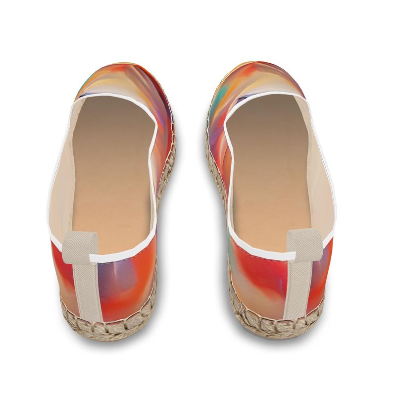 Comfortable - Orange Toned Leather, Printed Fabric Or Jute Innersole, Flat Shoe, Rubberised Hard Wearing Sole, Loafer Espadrilles