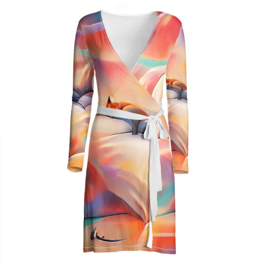 Comfortable - Orange Toned Above Knee Wraparound Dress, V-Neck Long Sleeves, Wrap Dress