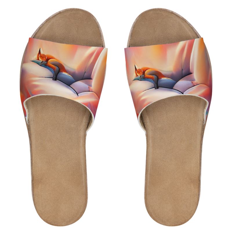 Comfortable - Orange Toned Leather Band, Cork & Rubber Sole, Leather Suedette Insole, Women's Leather Sliders