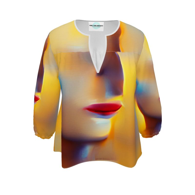 Confident - Orange Toned Rounded Slot Neckline, 3/4 Length Elasticated Sleeves Women's Blouse