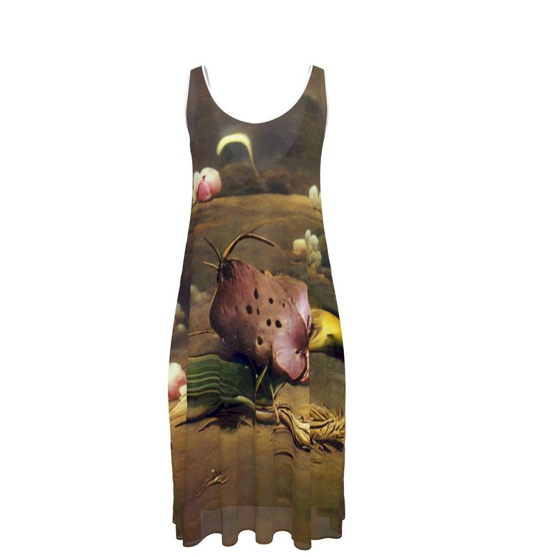 Discomfort - Brown Toned Sleeveless Cut, Relaxed Fit, Midi Length, Lowcut Back Sleeveless Midi Dress