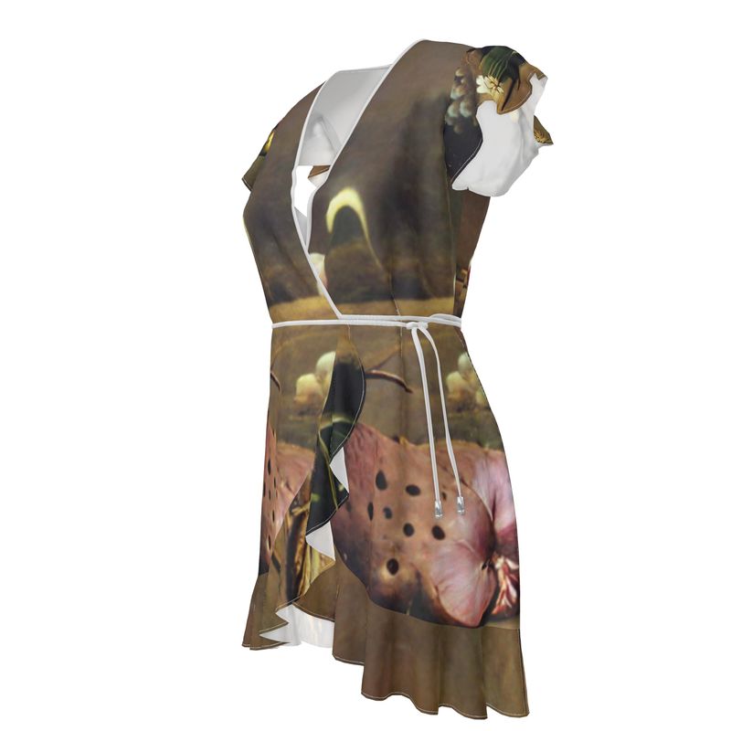 Discomfort - Brown Toned Flounce Hem & Armholes, Waist Tie, Wrap Design, Fashion Crepe Or Smooth Crepe Tea Dress