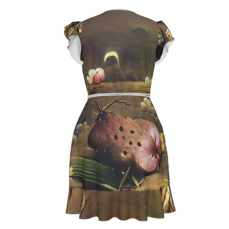 Discomfort - Brown Toned Flounce Hem & Armholes, Waist Tie, Wrap Design, Fashion Crepe Or Smooth Crepe Tea Dress