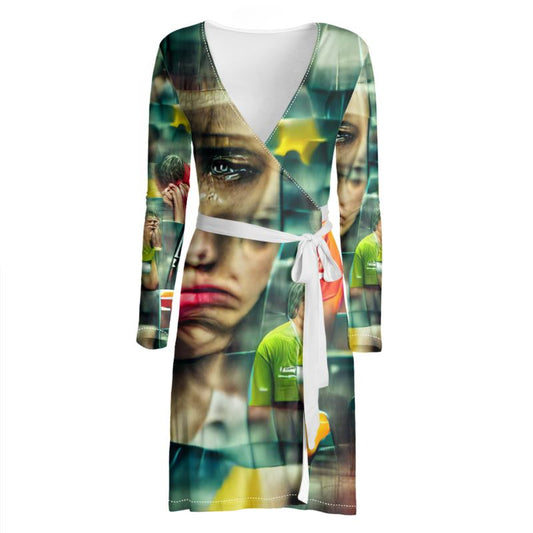 Disheartened - Red, Green & Yellow Above Knee Wraparound Dress, V-Neck Long Sleeves, Wrap Dress