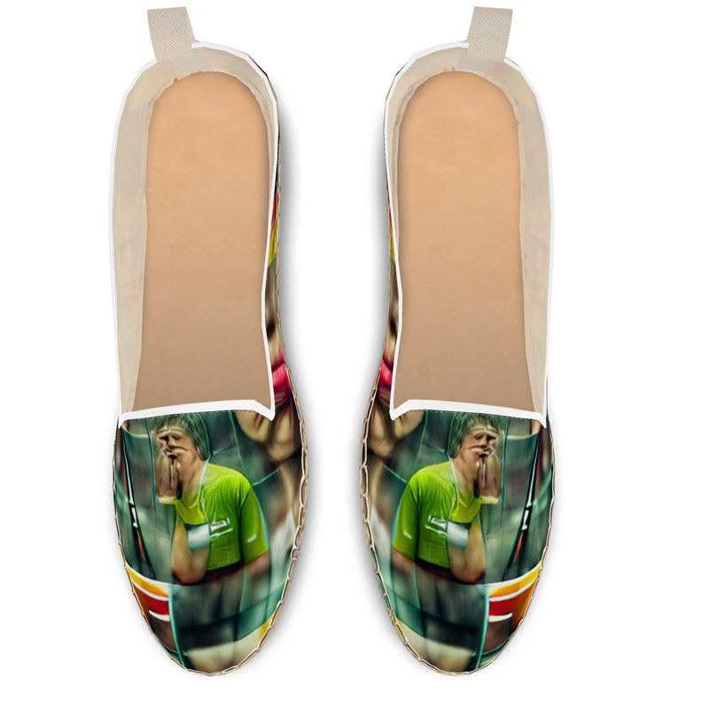 Disheartened - Red, Green & Yellow Fabric Or Jute Innersole, Flat Shoe, Rubberised Hard Wearing Sole, Loafer Espadrilles