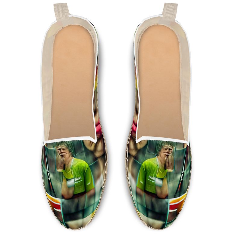 Disheartened - Red, Green & Yellow Fabric Or Jute Innersole, Flat Shoe, Rubberised Hard Wearing Sole, Loafer Espadrilles