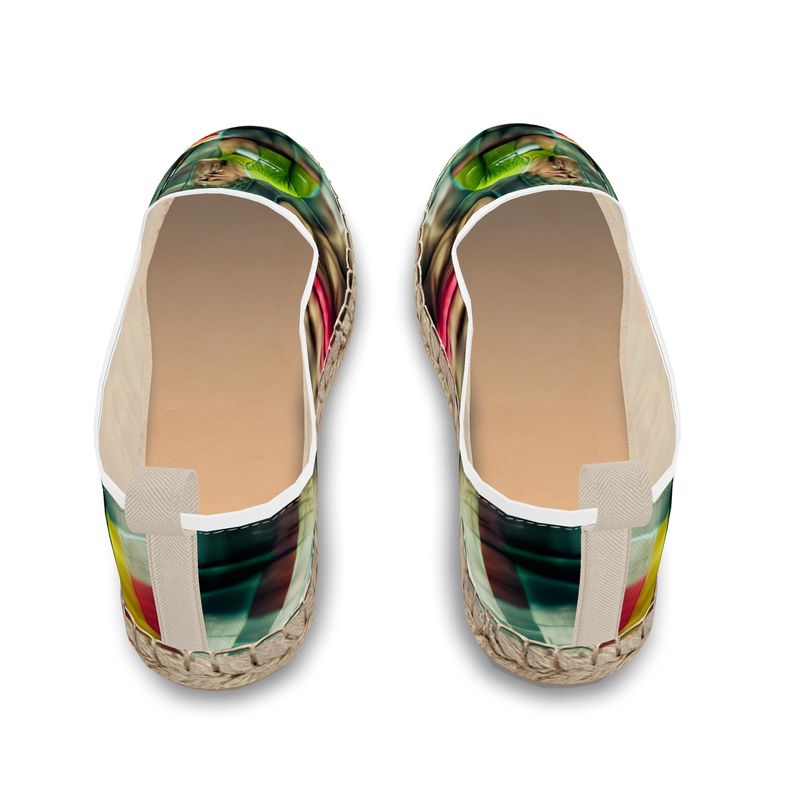 Disheartened - Red, Green & Yellow Fabric Or Jute Innersole, Flat Shoe, Rubberised Hard Wearing Sole, Loafer Espadrilles