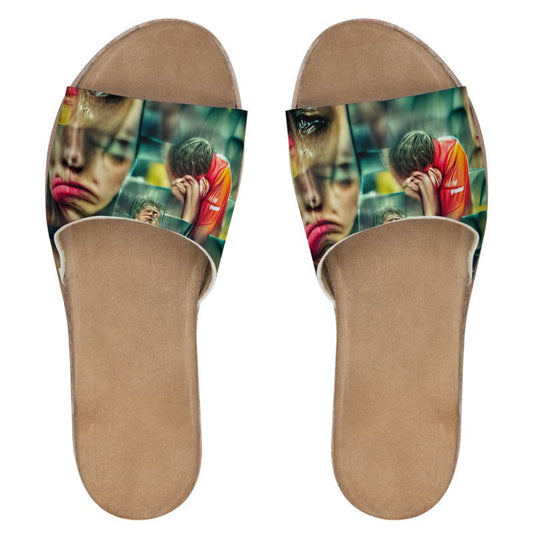 Disheartened - Red, Green & Yellow Leather Band, Cork & Rubber Sole, Leather Suedette Insole, Women's Leather Sliders