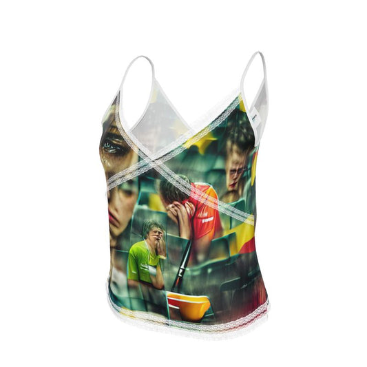 Disheartened - Red, Green & Yellow V-Neck Front And Back Eyelash Lace Trim Cami