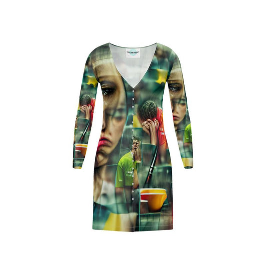 Disheartened - Red, Green & Yellow V-Neck, Button Through Top To Bottom Ladies Cardigan