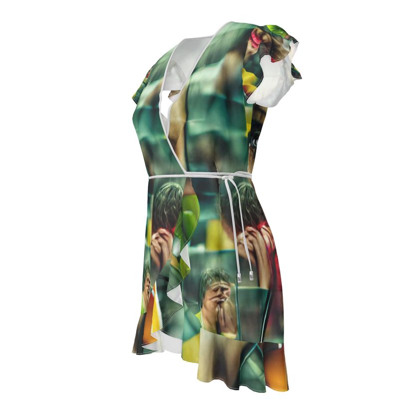 Disheartened - Red, Green & Yellow Flounce Hem & Armholes, Waist Tie, Wrap Design, Fashion Crepe Or Smooth Crepe Tea Dress