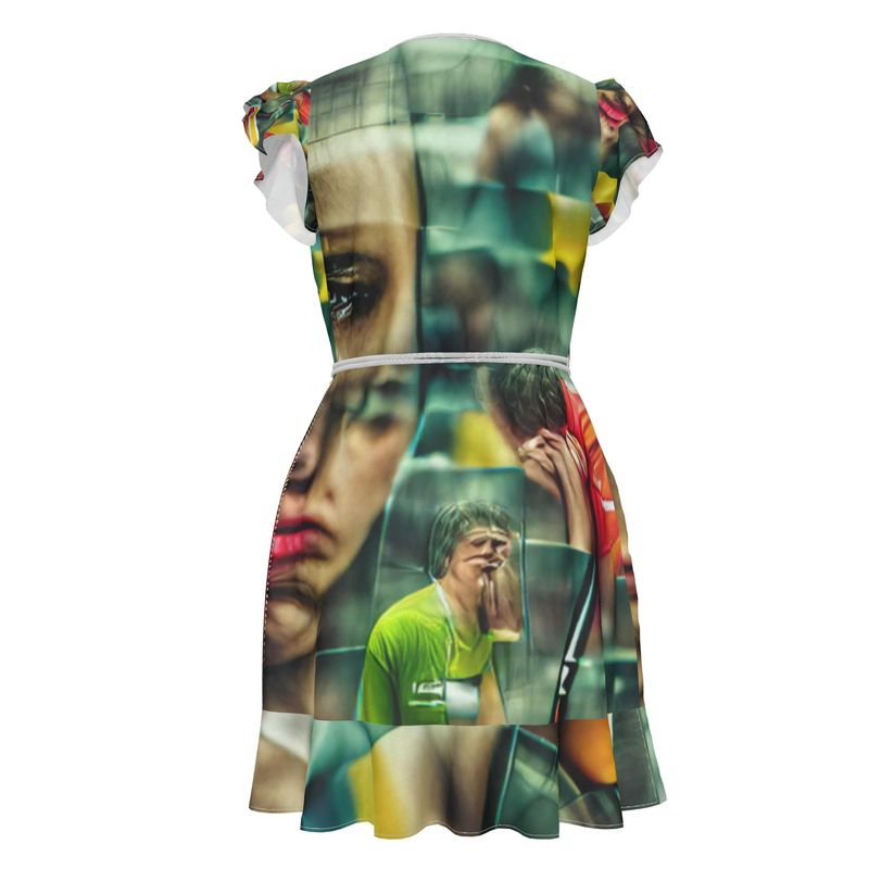 Disheartened - Red, Green & Yellow Flounce Hem & Armholes, Waist Tie, Wrap Design, Fashion Crepe Or Smooth Crepe Tea Dress