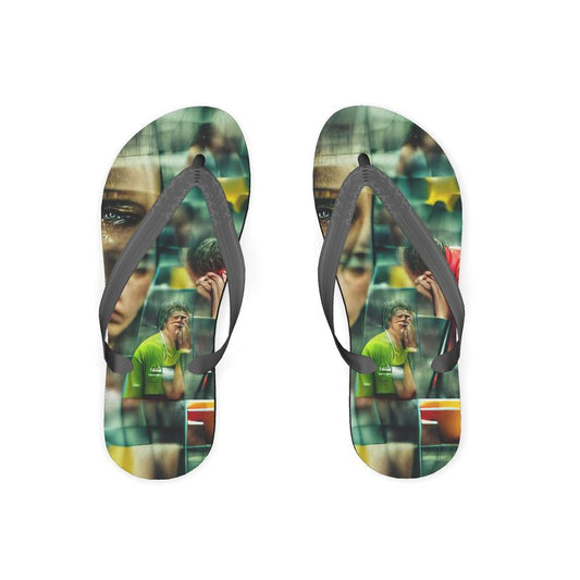 Disheartened - Red, Green & Yellow Unisex Soft Plastic Straps, Covered With Poly-Satin, Sturdy Foam Base Flip Flops