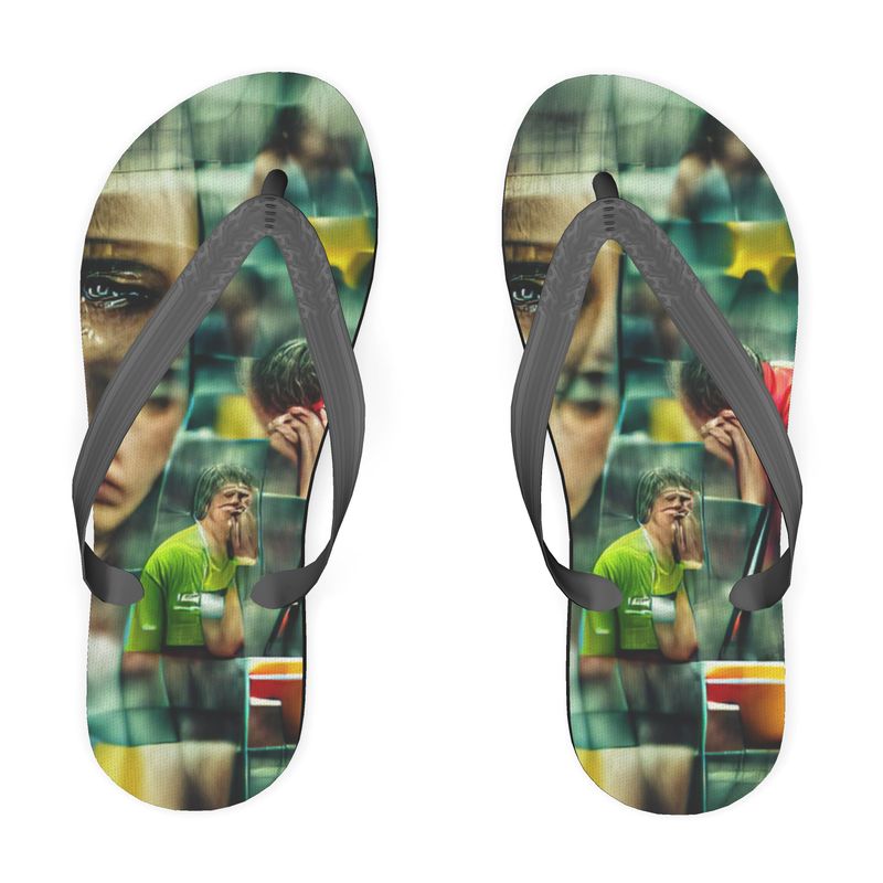 Disheartened - Red, Green & Yellow Unisex Soft Plastic Straps, Covered With Poly-Satin, Sturdy Foam Base Flip Flops