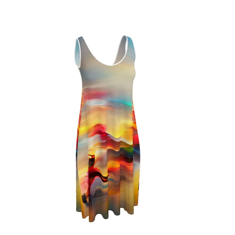 Elation - Red, Green & Yellow Sleeveless Cut, Relaxed Fit, Midi Length, Lowcut Back Sleeveless Midi Dress