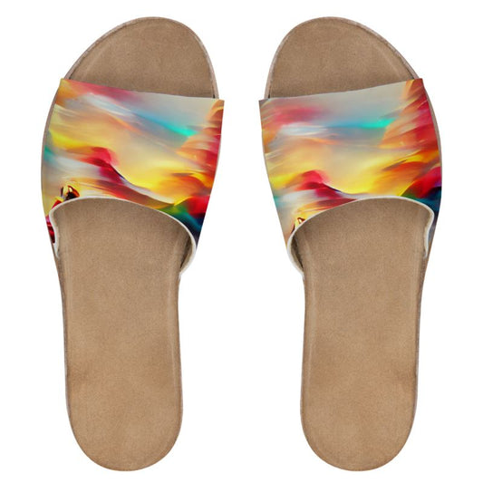 Elation - Red, Green & Yellow Leather Band, Cork & Rubber Sole, Leather Suedette Insole, Women's Leather Sliders