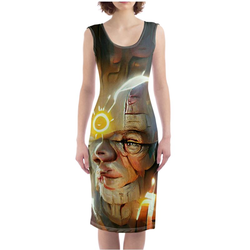 Enlightened - Yellow, Brown & White Silky, Slim Fit Split Leg Bodycon Dress