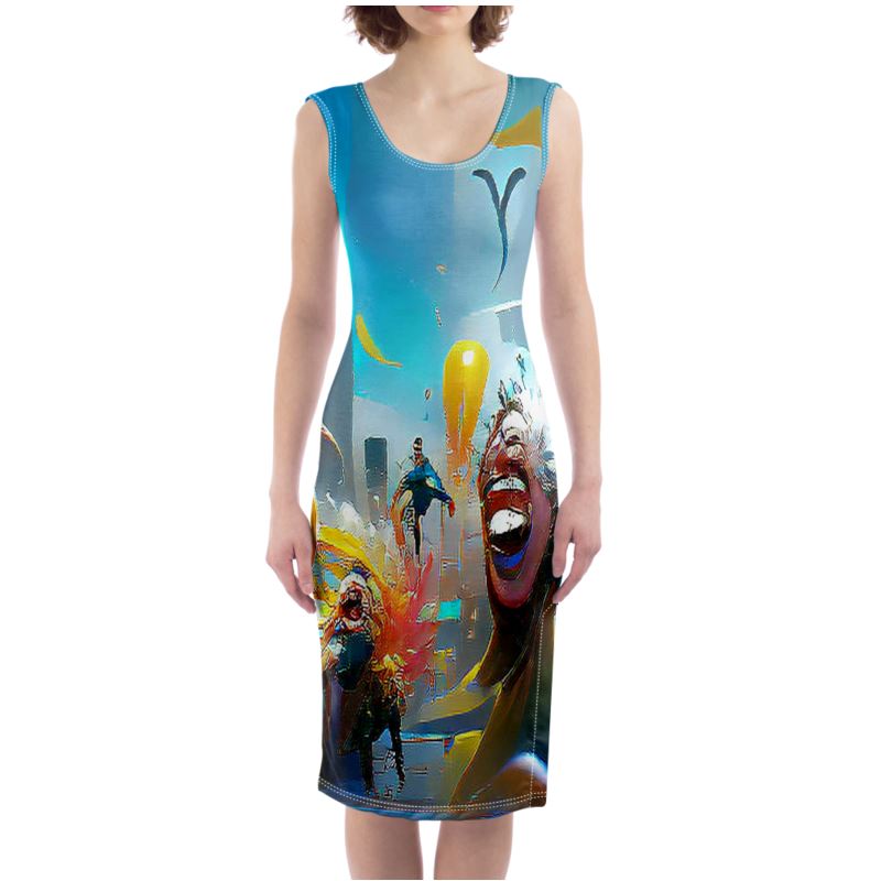 Exuberant - Vibrant Blue, Orange & Red Silky, Slim Fit Split Leg Bodycon Dress