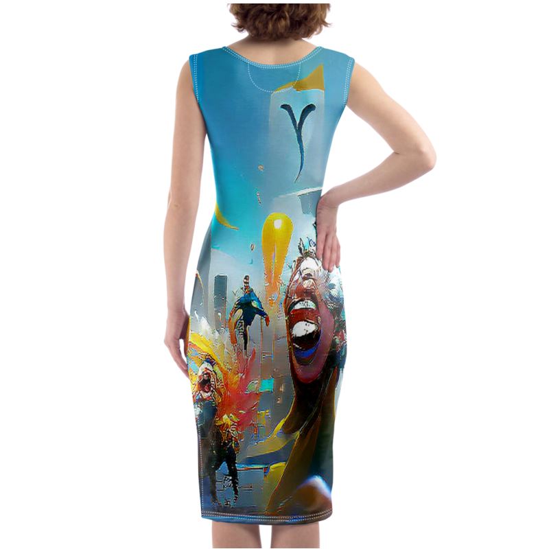 Exuberant - Vibrant Blue, Orange & Red Silky, Slim Fit Split Leg Bodycon Dress