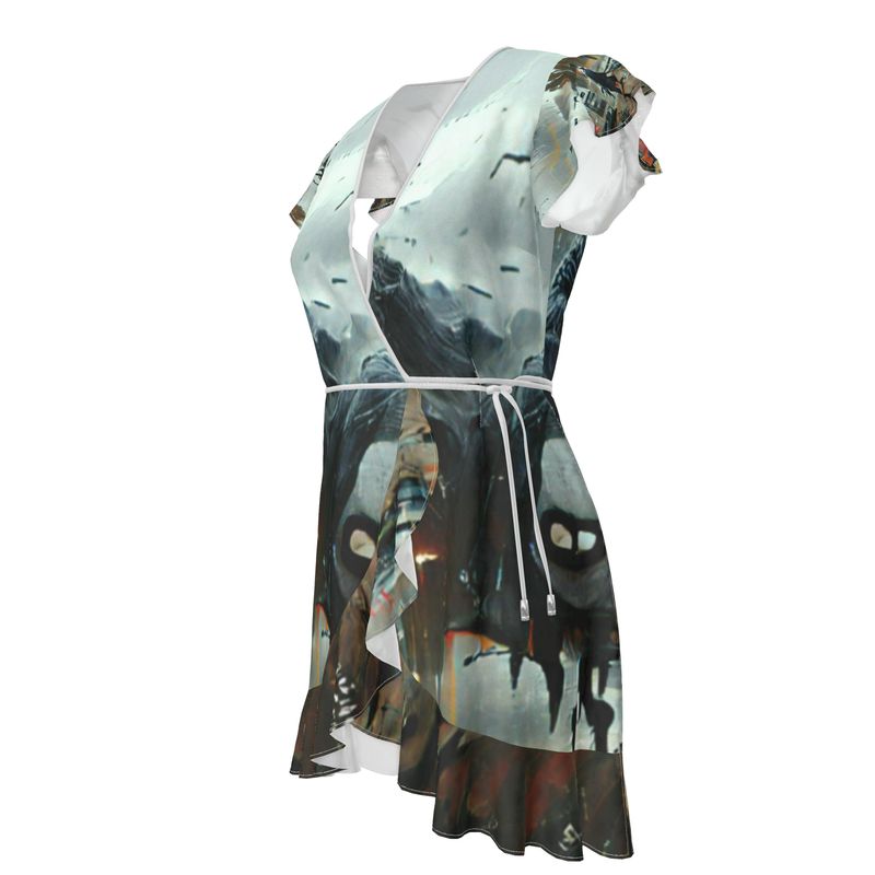 Gloomy - Brown & Grey Flounce Hem & Armholes, Waist Tie, Wrap Design, Fashion Crepe Or Smooth Crepe Tea Dress