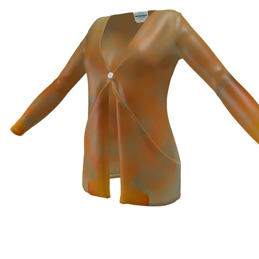 Insightful - Brown & Orange Drop Pockets & Waterfall Front V-Neck, Long Sleeves, Single Button, Jersey Knit Fabric, Ladies Cardigan With Pockets