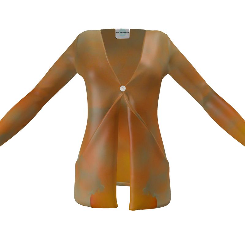 Insightful - Brown & Orange Drop Pockets & Waterfall Front V-Neck, Long Sleeves, Single Button, Jersey Knit Fabric, Ladies Cardigan With Pockets