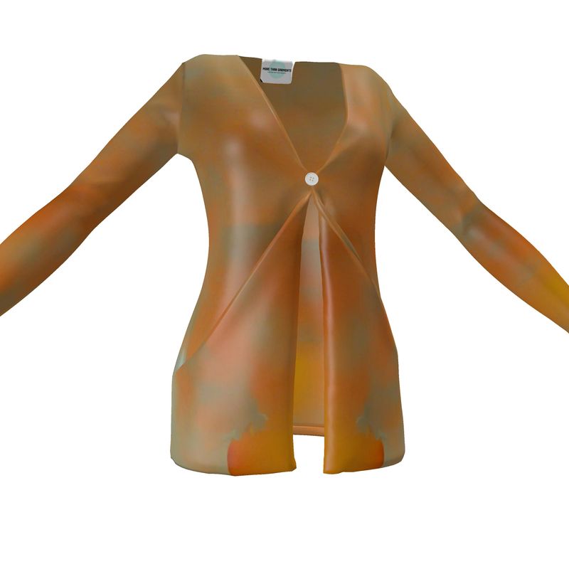 Insightful - Brown & Orange Drop Pockets & Waterfall Front V-Neck, Long Sleeves, Single Button, Jersey Knit Fabric, Ladies Cardigan With Pockets