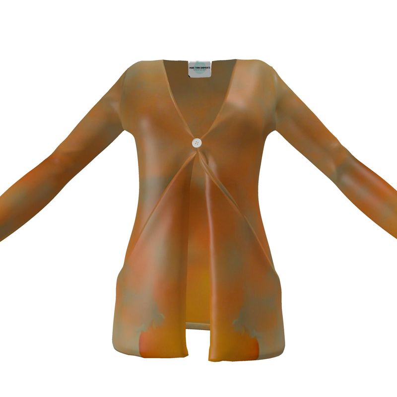 Insightful - Brown & Orange Drop Pockets & Waterfall Front V-Neck, Long Sleeves, Single Button, Jersey Knit Fabric, Ladies Cardigan With Pockets