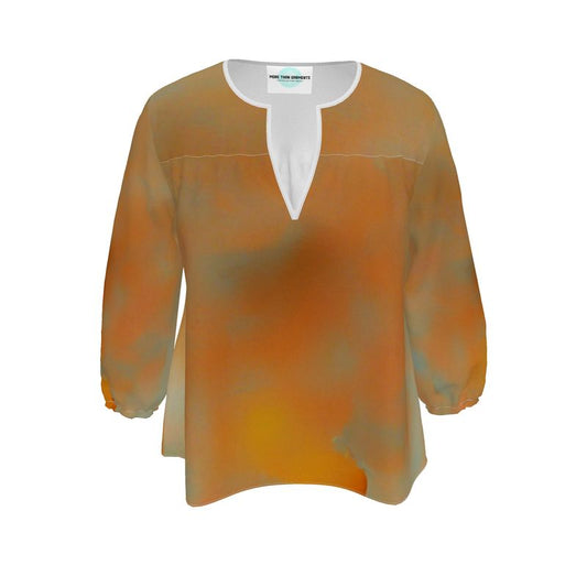 Insightful - Brown & Orange Rounded Slot Neckline, 3/4 Length Elasticated Sleeves Women's Blouse