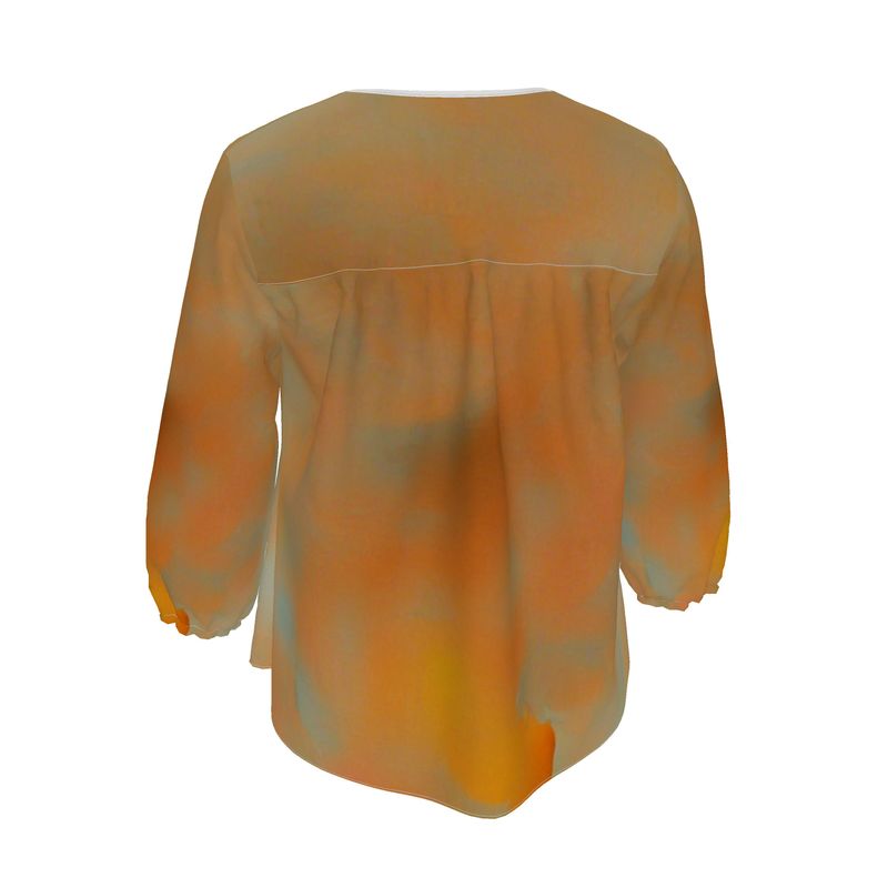 Insightful - Brown & Orange Rounded Slot Neckline, 3/4 Length Elasticated Sleeves Women's Blouse