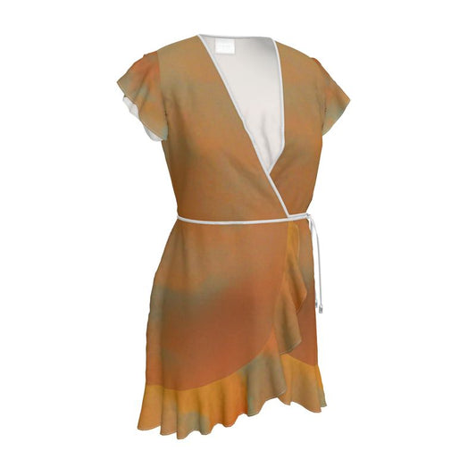 Insightful - Brown & Orange Flounce Hem & Armholes, Waist Tie, Wrap Design, Fashion Crepe Or Smooth Crepe Tea Dress