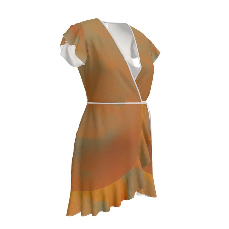 Insightful - Brown & Orange Flounce Hem & Armholes, Waist Tie, Wrap Design, Fashion Crepe Or Smooth Crepe Tea Dress