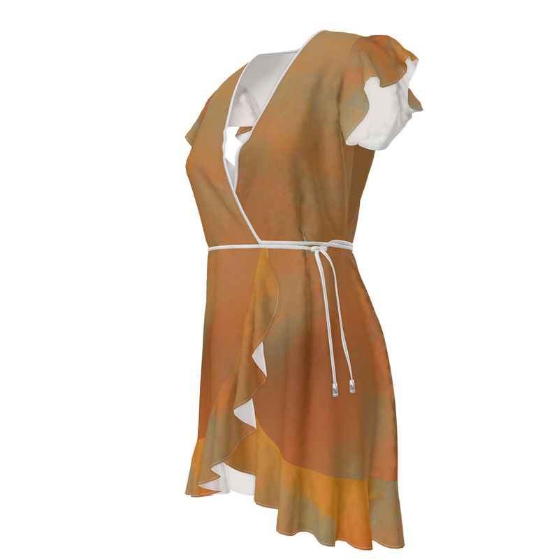 Insightful - Brown & Orange Flounce Hem & Armholes, Waist Tie, Wrap Design, Fashion Crepe Or Smooth Crepe Tea Dress