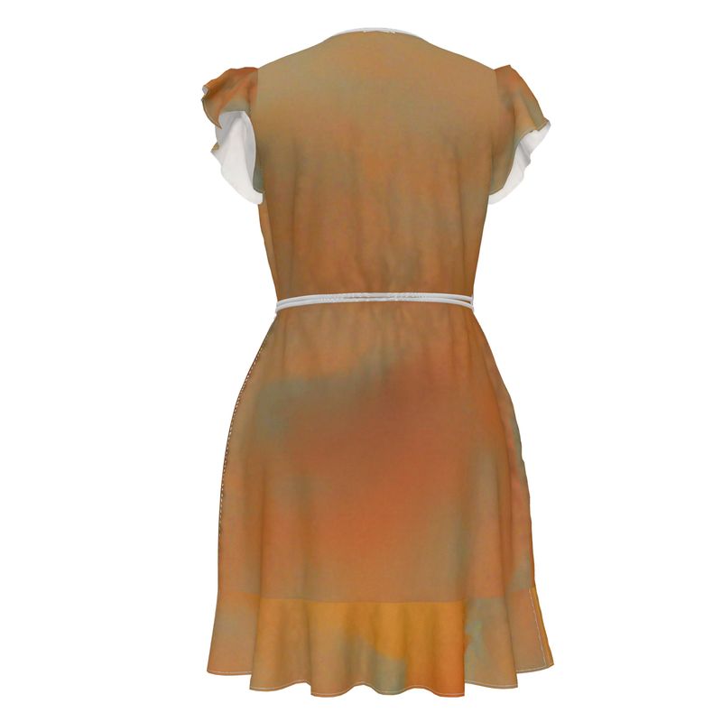 Insightful - Brown & Orange Flounce Hem & Armholes, Waist Tie, Wrap Design, Fashion Crepe Or Smooth Crepe Tea Dress