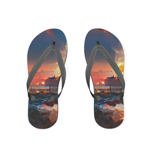 Sunset - Purple, Blue & Orange Unisex Soft Plastic Straps, Covered With Poly-Satin, Sturdy Foam Base Flip Flops