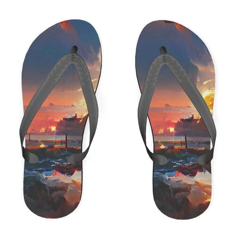 Sunset - Purple, Blue & Orange Unisex Soft Plastic Straps, Covered With Poly-Satin, Sturdy Foam Base Flip Flops