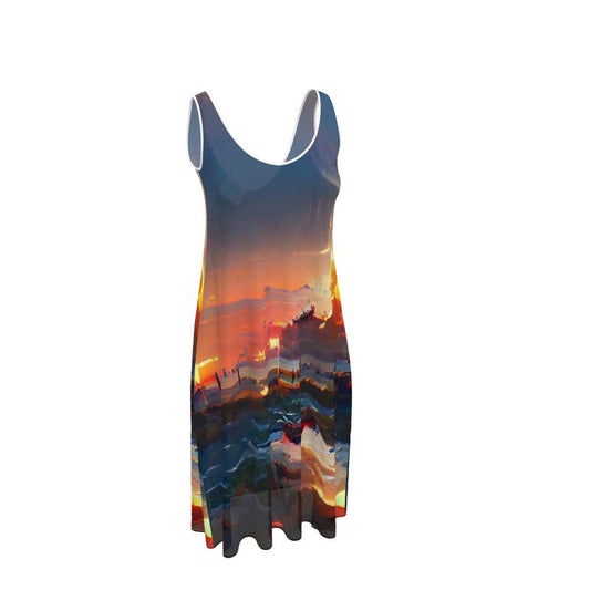 Sunset - Purple, Blue & Orange Sleeveless Cut, Relaxed Fit, Midi Length, Lowcut Back Sleeveless Midi Dress