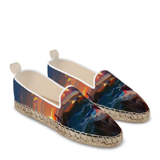 Sunset - Purple, Blue & Orange Leather, Printed Fabric Or Jute Innersole, Flat Shoe, Rubberised Hard Wearing Sole, Loafer Espadrilles