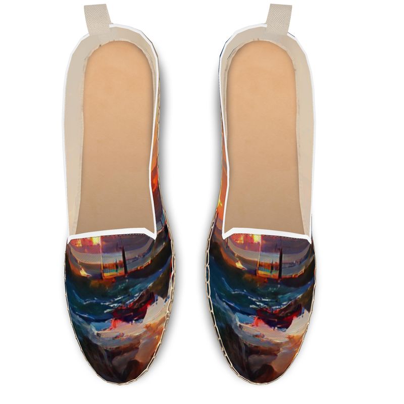 Sunset - Purple, Blue & Orange Leather, Printed Fabric Or Jute Innersole, Flat Shoe, Rubberised Hard Wearing Sole, Loafer Espadrilles