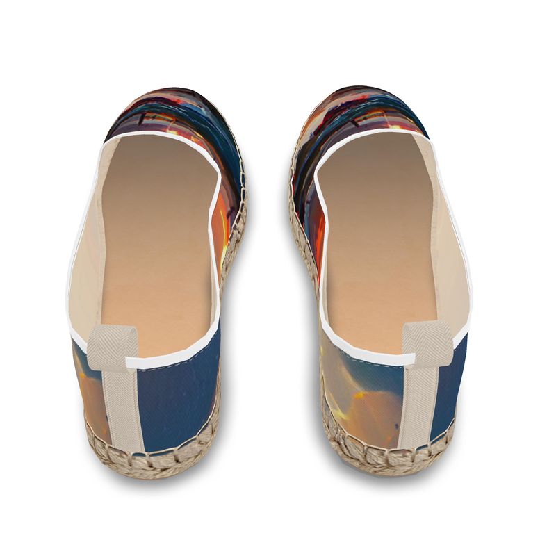 Sunset - Purple, Blue & Orange Leather, Printed Fabric Or Jute Innersole, Flat Shoe, Rubberised Hard Wearing Sole, Loafer Espadrilles