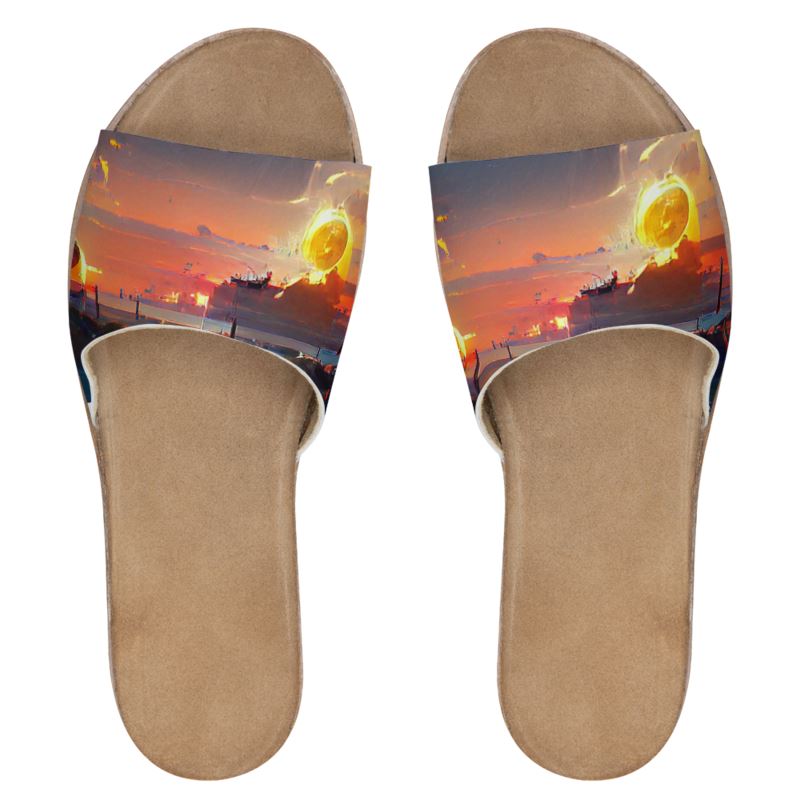 Sunset - Purple, Blue & Orange Leather Band, Cork & Rubber Sole, Leather Suedette Insole, Women's Leather Sliders