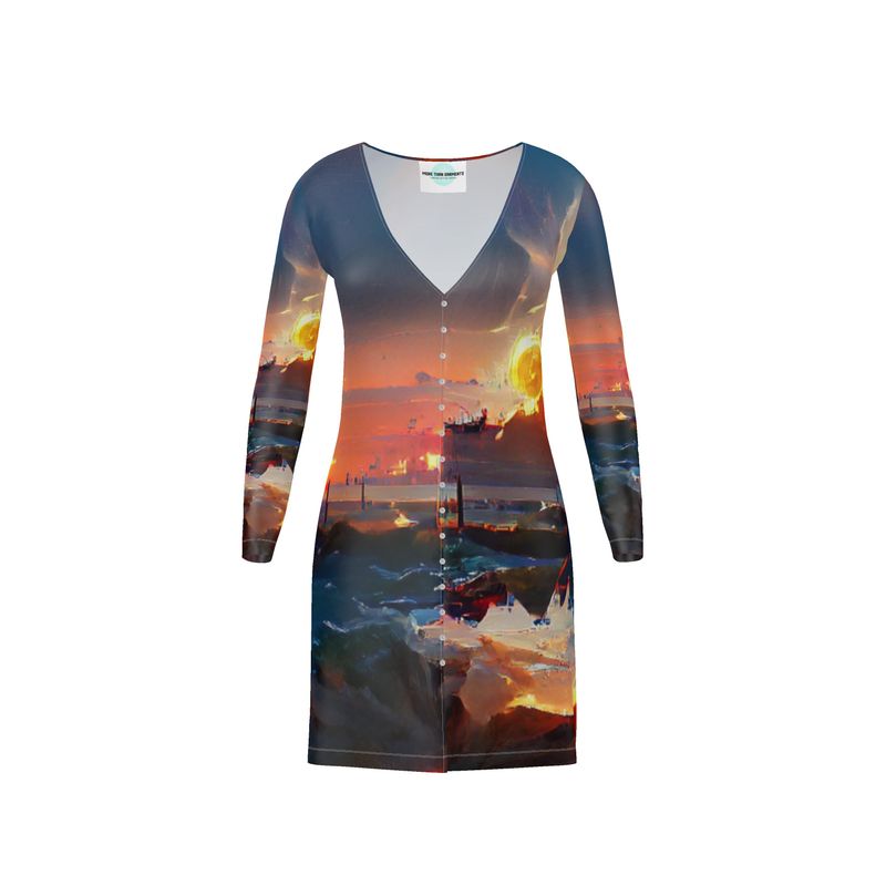 Sunset - Purple, Blue & Orange V-Neck, Button Through Top To Bottom Ladies Cardigan