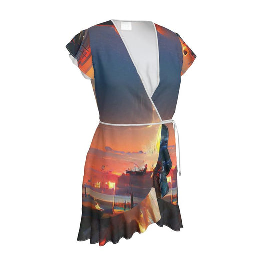 Sunset - Purple, Blue & Orange Flounce Hem & Armholes, Waist Tie, Wrap Design, Fashion Crepe Or Smooth Crepe Tea Dress