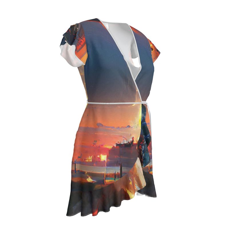 Sunset - Purple, Blue & Orange Flounce Hem & Armholes, Waist Tie, Wrap Design, Fashion Crepe Or Smooth Crepe Tea Dress