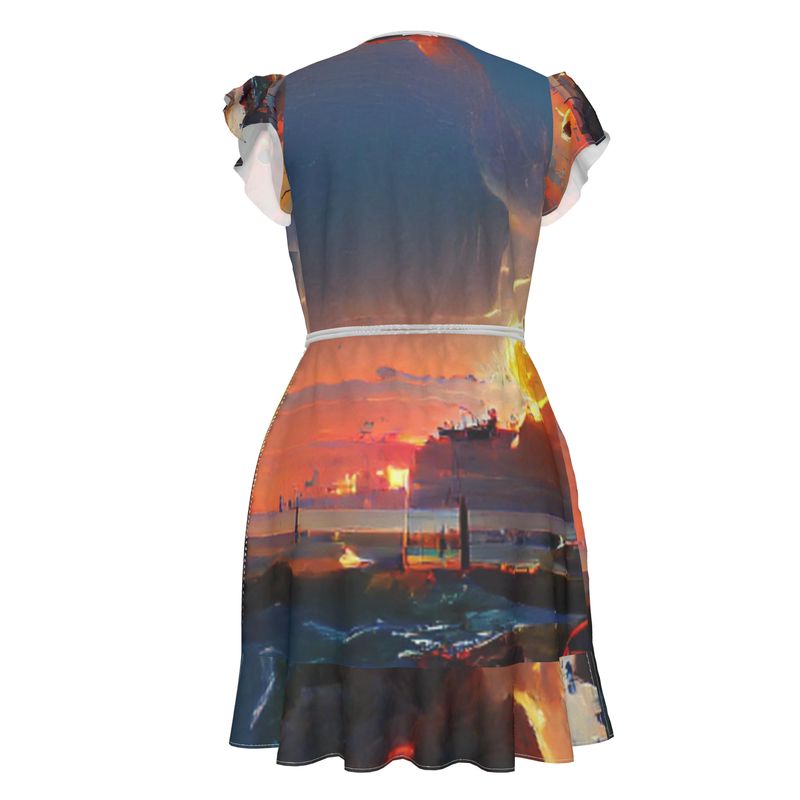 Sunset - Purple, Blue & Orange Flounce Hem & Armholes, Waist Tie, Wrap Design, Fashion Crepe Or Smooth Crepe Tea Dress