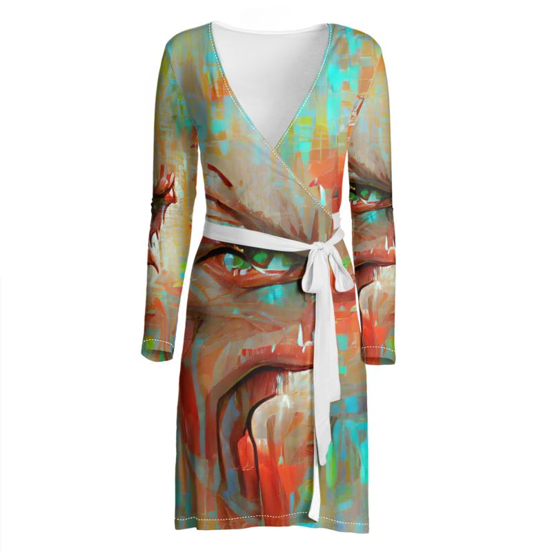 Infuriated - Red & Sky Blue Above Knee Wraparound Dress, V-Neck Long Sleeves, Wrap Dress